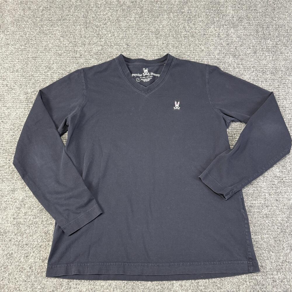Psycho Bunny Shirt Mens Medium Navy Blue Pima Cotton V Neck Long Sleeve Logo
